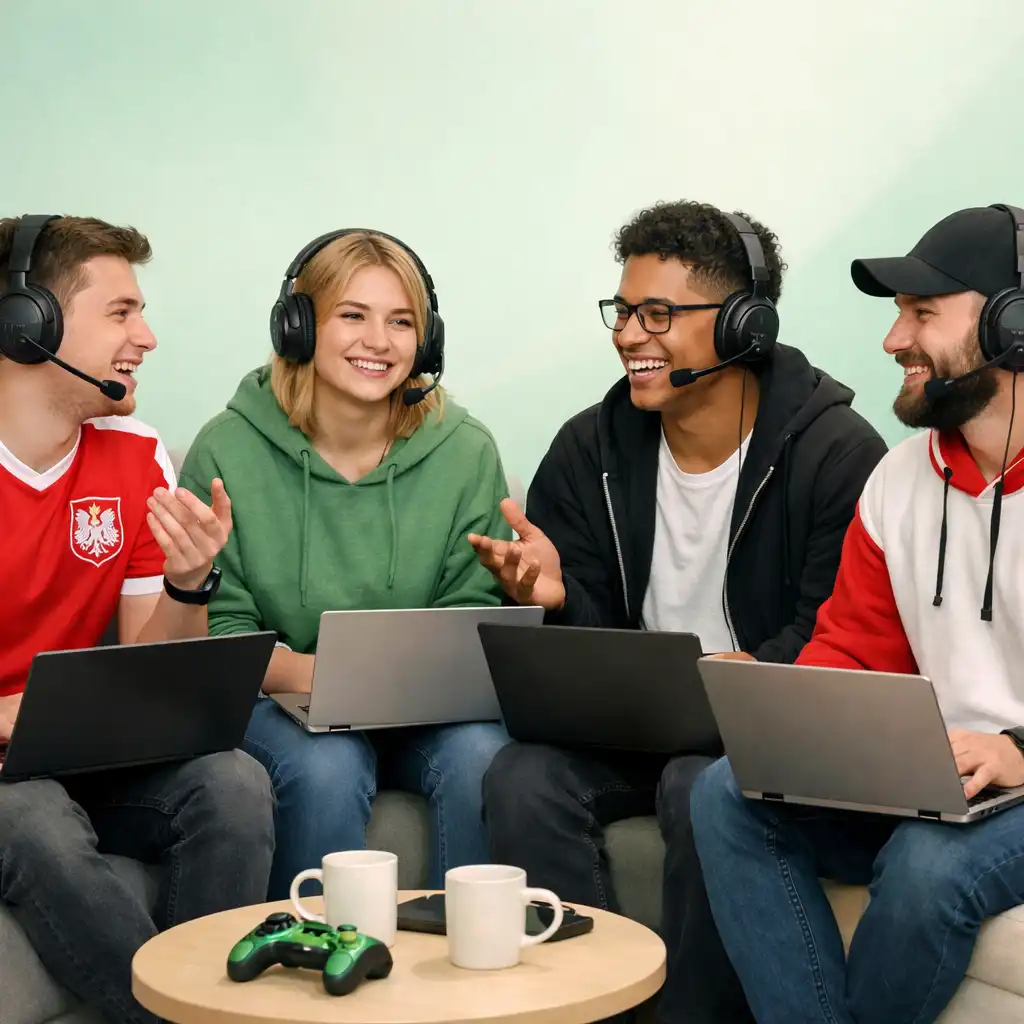 Gracze rozmawiający online na tle interfejsu portalu gamingowego