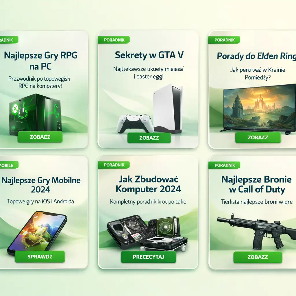 Przestronny grid z kartami poradników gamingowych na PlayRealmNews